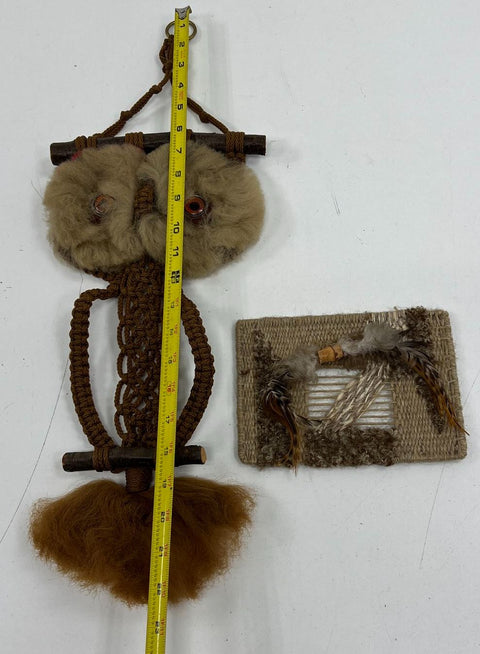Vintage 1970s Macrame Owl & Woven Fiber Art Wall Hanging Lot Jute Feathers