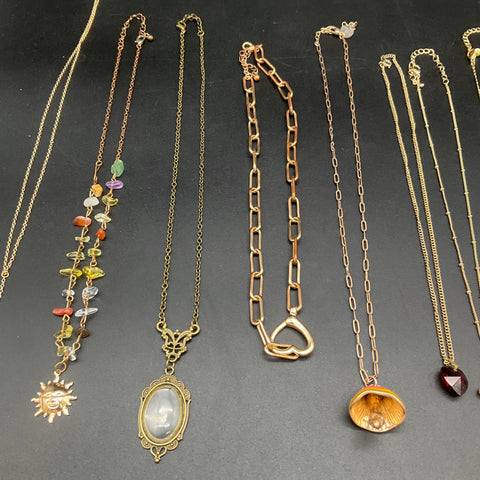 Gold Tone Fashion Necklace Jewelry Lot of 14 Sun Pendant Herringbone Tassel