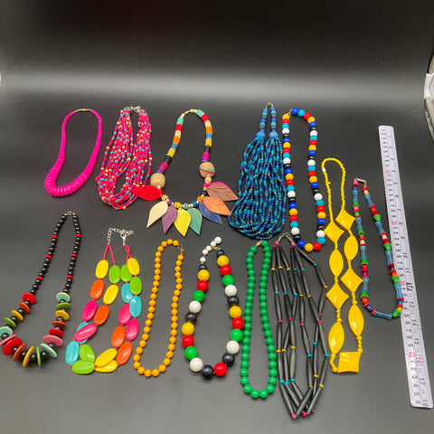 Vintage and Modern Beaded Jewelry Lot of 14 Multi-Strand Chunky Necklaces