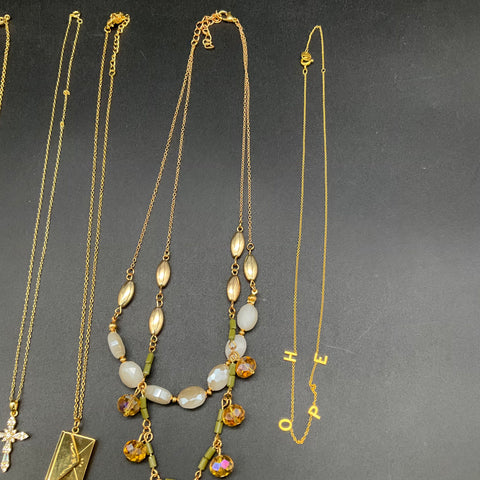Costume Jewelry Lot 9pc Gold Tone Necklaces Envelope Cross Hope Tassel Chains