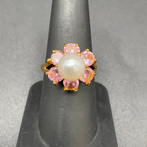 18K Gold Plated Pearl & Pink Faceted Stone Ring & Earrings Set Size 8