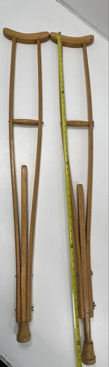 Vintage Wooden Crutches Pair Adjustable Wood Underarm Medical Decor Props