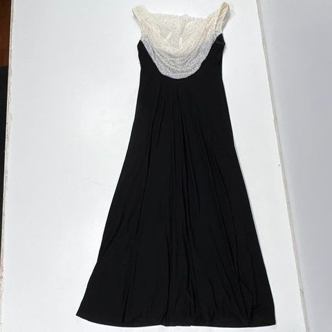 Vintage Y2K Cachet Women's Black Ivory Beaded Cowl Neck Gown Dress 16 NWT