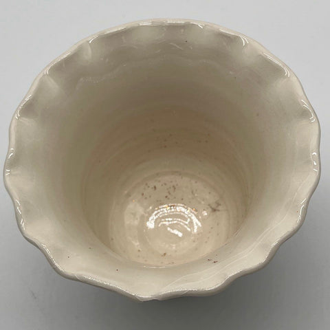 Vintage Hand Painted Ceramic Vase Blue White Floral Scalloped Rim 6" Tall