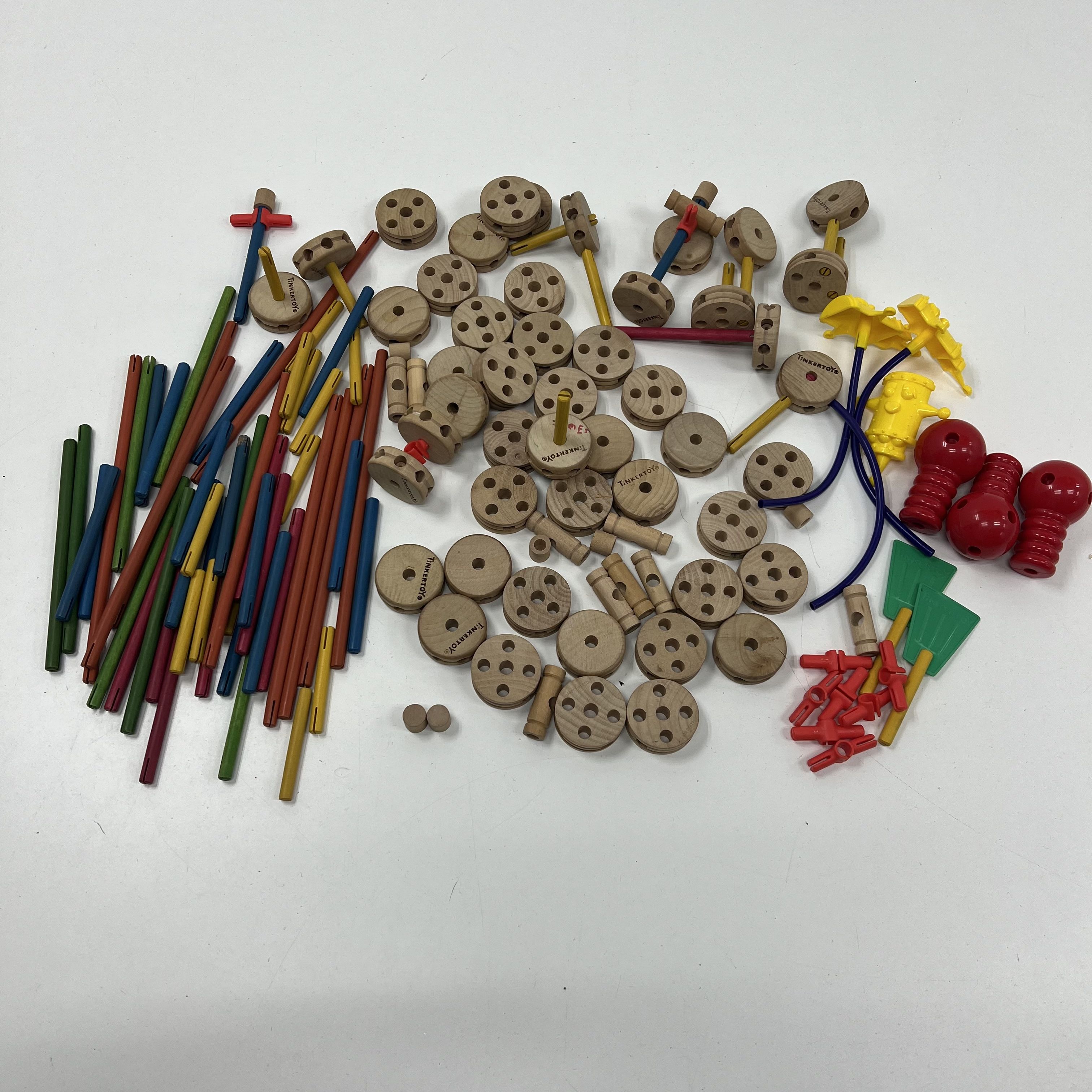 Vintage Tinkertoy Lot Wood & Plastic Pieces Mixed Construction Building Set