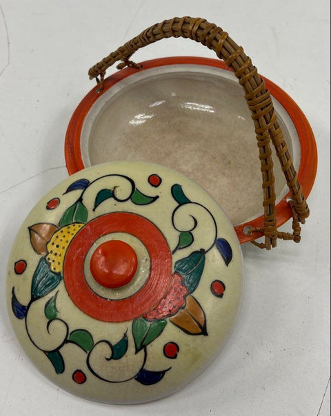 Vintage Japanese Hand Painted Ceramic Lidded Dish Bowl Caddy Wicker Handle 7.25"