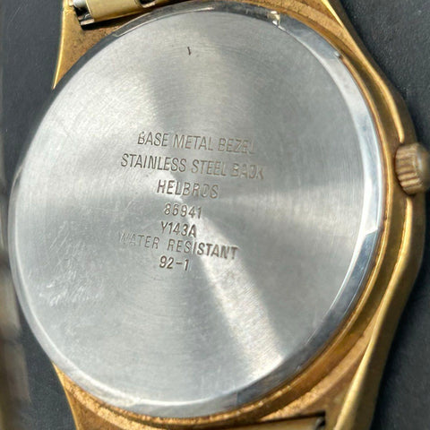 Vintage 90s Helbros Quartz Watch Gold Tone Day Date Speidel Band