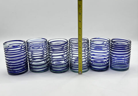 Hand Blown Art Glass Set Cobalt Blue Spiral Wrap Pitcher and 6 Tumblers Vintage