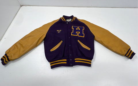 DeLong 2008 Varsity Letterman Jacket Purple Gold Leather Sleeves Made USA Sz L