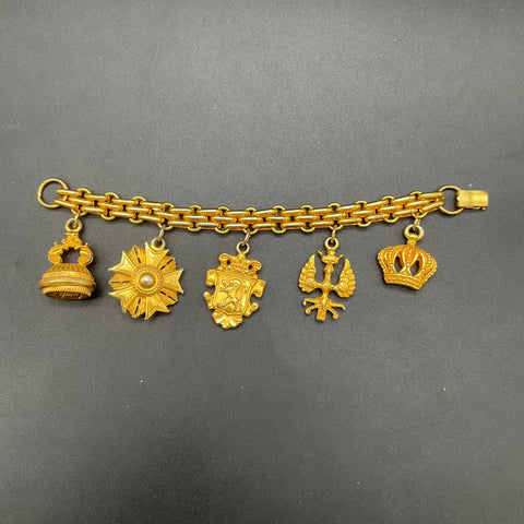 Vintage Heraldic Gold Tone Chunky Charm Bracelet Crown Lion Eagle 8"