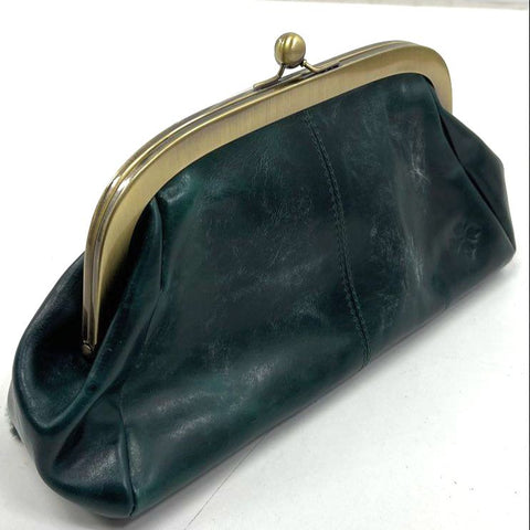 Patricia Nash Green Faux Fur Leather Frame Kiss Lock Clutch Bag Brass Hardware