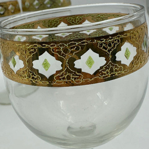Vintage Mid-Century Gold Encrusted Wine Glasses 5 Piece Lot Geometric Pattern