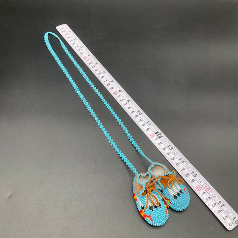 Vintage Miniature Beaded Moccasin Necklace Suede Bootie Turquoise Blue 17"