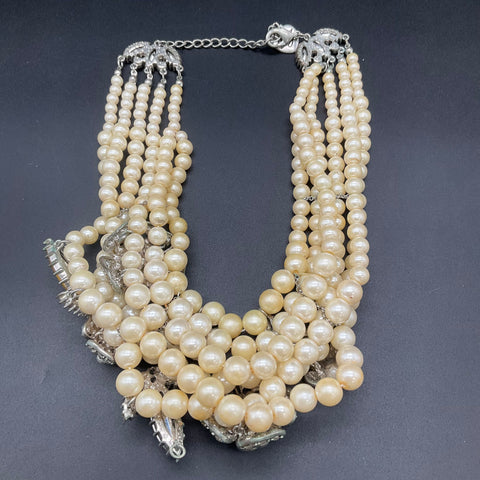 Betsey Johnson Silver Tone Multi Strand Faux Pearl Floral Statement Necklace 18"