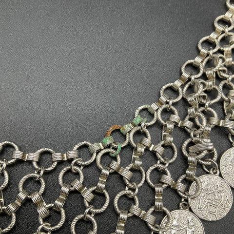 Vintage Egyptian Revival Silver Tone Multi Strand Coin Bib Necklace