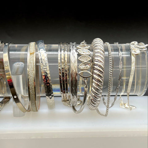 Silver Tone Fashion Jewelry Lot of 28 Bangles Charm Rhinestone Link Bracelets