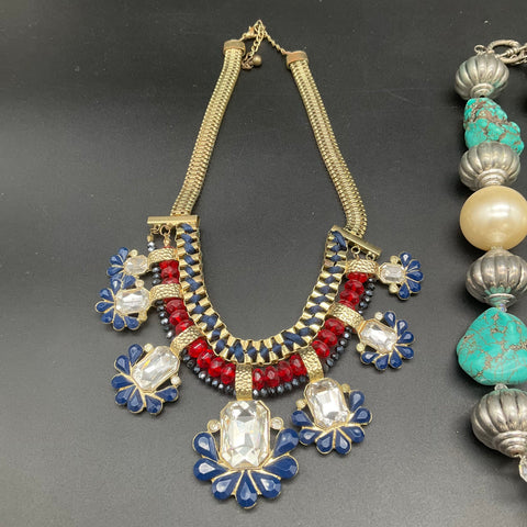 Vintage Costume Statement Necklace Lot 4pc Turquoise Faux Pearl Rhinestone Bib