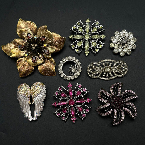 Vintage to Modern Costume Jewelry Lot 8 Rhinestone Brooches Gold Silver Tone