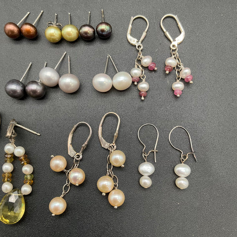 Sterling Silver 925 Pearl Gemstone Earring Lot of 10 Pairs Studs Dangles
