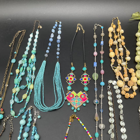 Beaded Costume Jewelry Lot of 14 Necklaces Statement Boho Shell Multi-strand