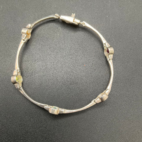 Silver Tone Multi Gemstone Link Bracelet 7" Magnetic Base Metal Marked 925