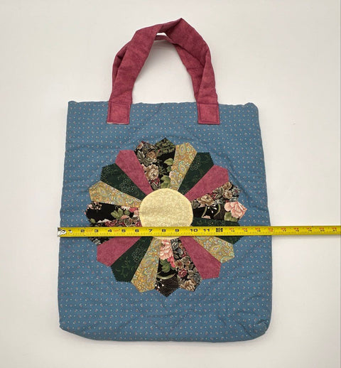 Vintage Dresden Plate Patchwork Quilted Blue Fabric Floral Tote Handbag