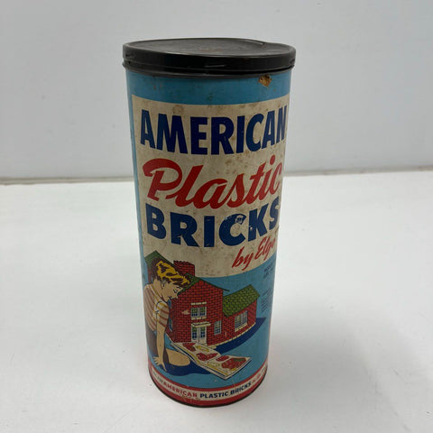 Vintage 50s Elgo American Plastic Bricks Building Block Toy Set w/ Canister