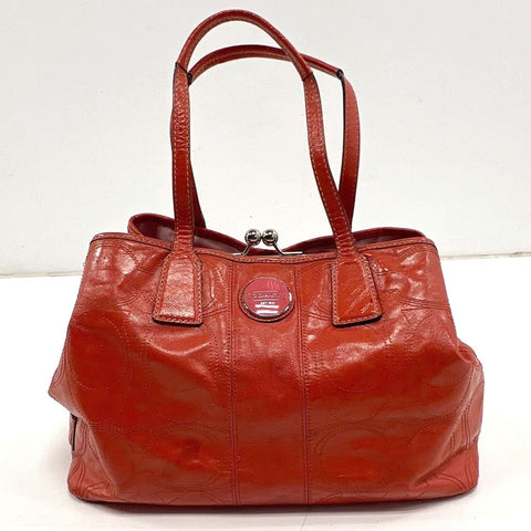 Coach Red Signature Embossed Leather Kiss Lock Tote Satchel Bag F15656 Silver