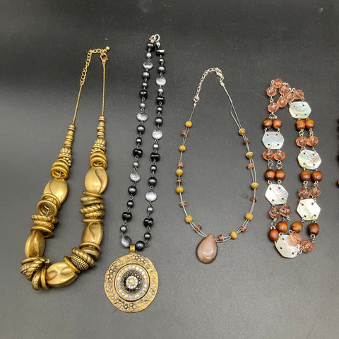Mixed Costume Jewelry Lot 8 Necklaces Boho Beaded Wooden Gold Tone Statement