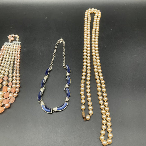 Vintage Costume Jewelry Necklace Lot 4 Faux Pearl Rhinestone Beaded 16"-32"