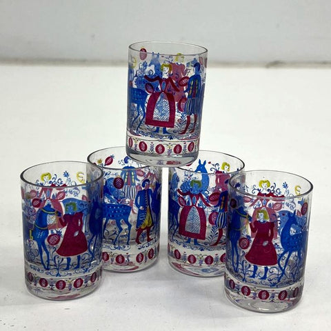 Alfred Taube Folk Art Rocks Glasses Set of 5 Red Blue Yellow Vintage MCM