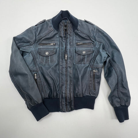 NWT XOXO Blue Gray Faux Leather Moto Cropped Bomber Jacket Juniors L