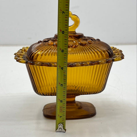 Pressed Glass Amber Ribbed Lidded Candy Dish Footed Compote Vintage 8 Inch