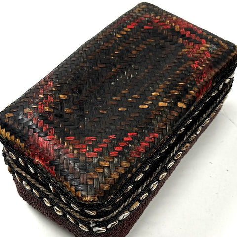 Sumatran Beaded Wedding Basket Pair Indonesian Bamboo Nassa Shell Batik Vintage