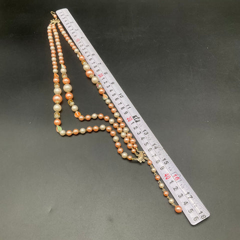 Vintage Japan Triple Strand Pink Faux Pearl Necklace AB Glass Beads 17"