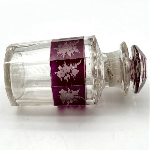 Bohemian Style Cut Glass Decanter Amethyst Purple Stained Etched Floral Vintage