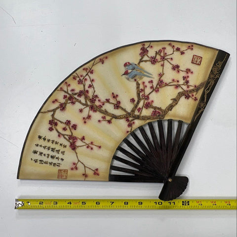 Vintage Asian Fan Wall Art 3D Relief Birds Cherry Blossom Resin Calligraphy