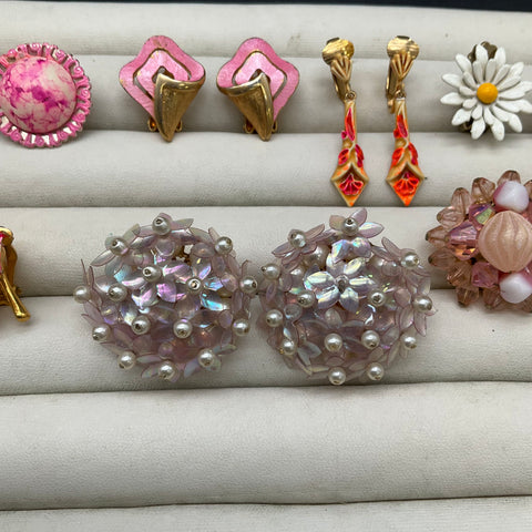 Vintage Floral Enamel Clip On Earrings Lot of 7 Pairs Mid-Century Retro Styles