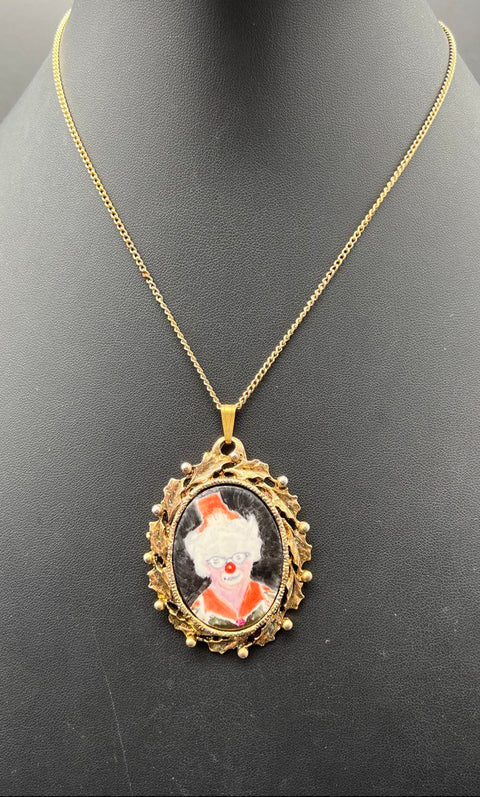 Vintage Sarah Cov Gold Tone Hand Painted Clown Mirror Back Pendant Necklace