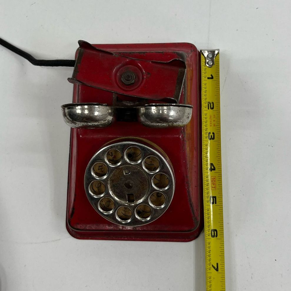 Collectible Vintage Children's Red Painted Metal Rotary Telephone Toy