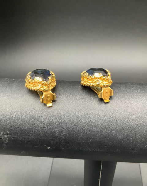 Vintage Alice Caviness Gold Tone Blue Glass Teardrop Clip Earrings Signed