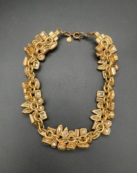 J Crew Glacier Gold Tone Pink Yellow Glass Crystal Statement Bib Necklace Signed