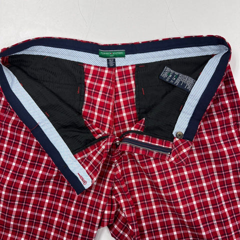 Tommy Hilfiger Men's Red White Plaid Golf Pants Flat Front Cotton Stretch 38x32