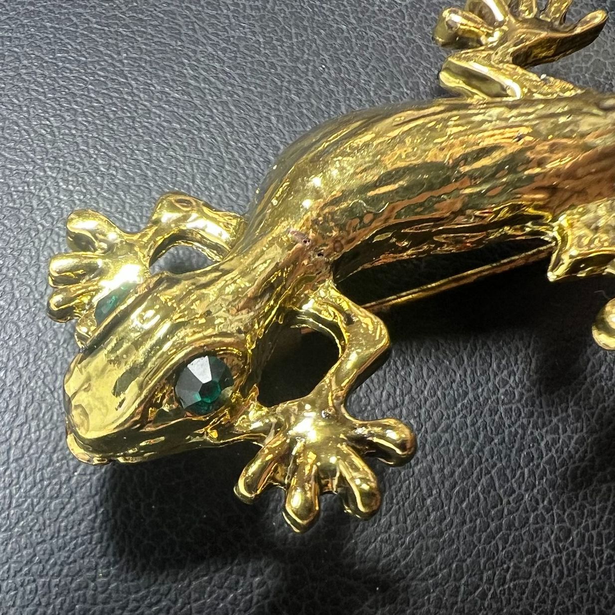Vintage Gold Tone Lizard Brooch with Green Eyes 2"