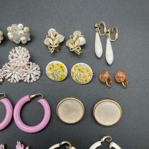 Vintage Costume Jewelry Lot of 20 Pairs Clip On Earrings Rhinestone Lucite