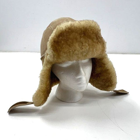 Vintage 90s Tan Suede Trapper Hat Sherpa Faux Fur Lined Earflap Cap