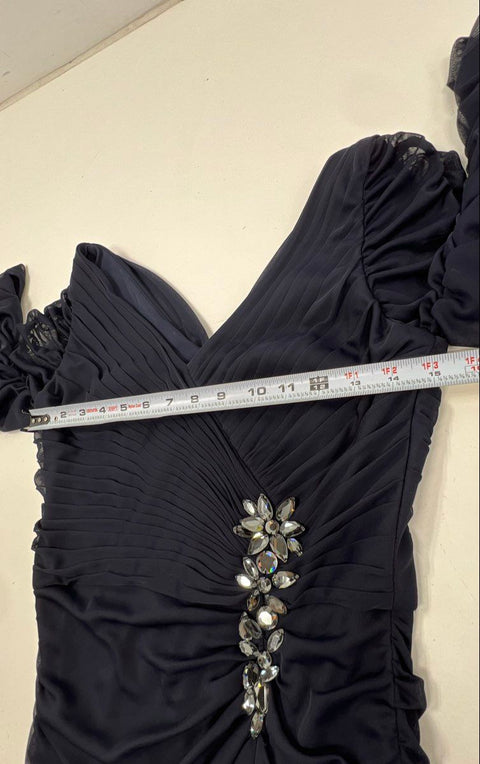 Adrianna Papell Women's Navy Ruched Crystal Embellished V-Neck Gown Sz 4P