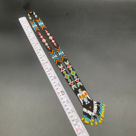 Vintage Native American Style Seed Bead Thunderbird Necklace Beaded Fringe 16"