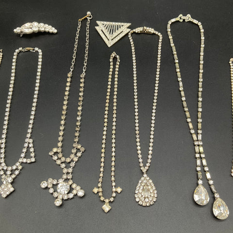 Vintage Mid-Century Rhinestone Costume Jewelry Lot 9pc Necklaces Bracelet Clips