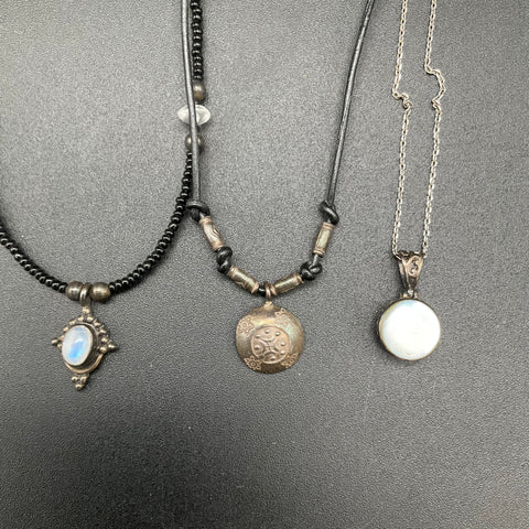 Sterling Silver 925 Boho Necklace Lot of 3 Mother of Pearl Moonstone Pendants